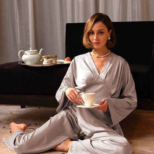 Patchwork Trouser Suits Long Sleeves Satin Pajamas For Women Pajamas Set With Pants V Neck Split Sleepwear Home Suit 2023