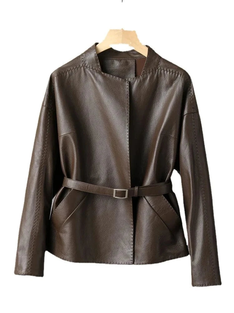 Pattern Genuine Leather Clothes Female Short Round Neck Collarless Leather Jacket Coat Short