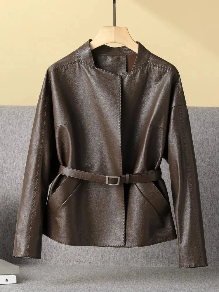 Pattern Genuine Leather Clothes Female Short Round Neck Collarless Leather Jacket Coat Short