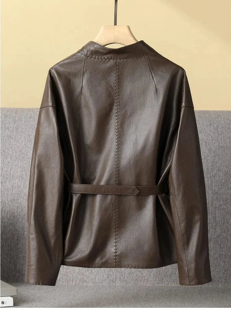 Pattern Genuine Leather Clothes Female Short Round Neck Collarless Leather Jacket Coat Short