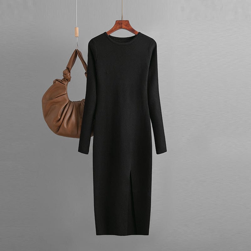 PDEP 2023 autumn and winter slim knit dress  mid-length long sleeve skinny bottom-up knit sweater dress for women