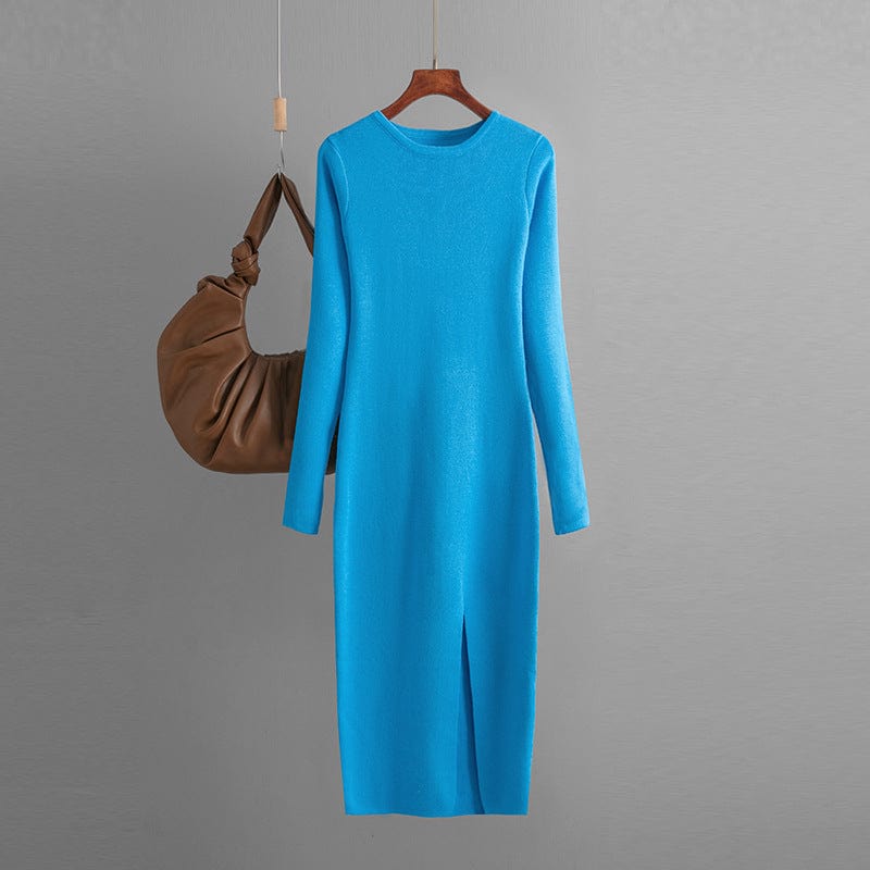 PDEP 2023 autumn and winter slim knit dress  mid-length long sleeve skinny bottom-up knit sweater dress for women