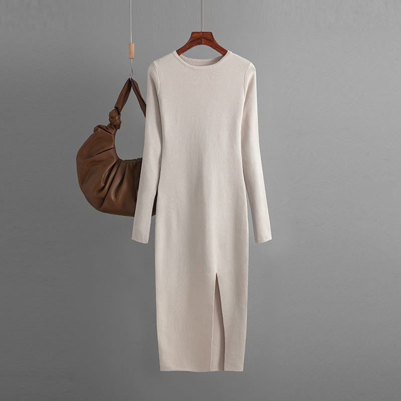 PDEP 2023 autumn and winter slim knit dress  mid-length long sleeve skinny bottom-up knit sweater dress for women