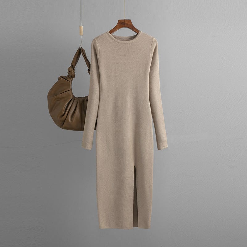 PDEP 2023 autumn and winter slim knit dress  mid-length long sleeve skinny bottom-up knit sweater dress for women