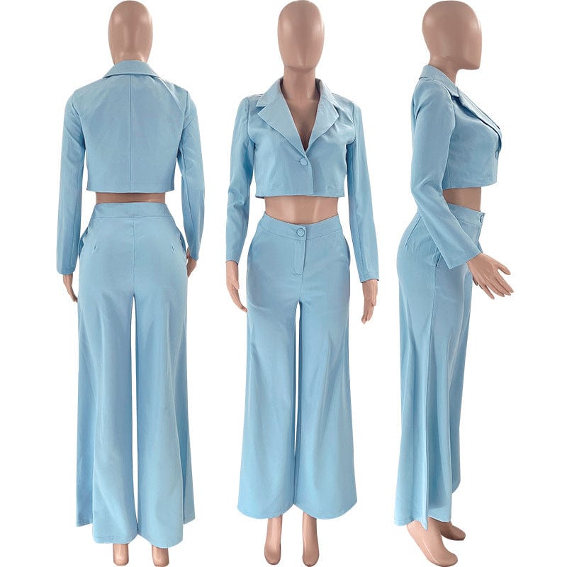 PDEP 2023 autumn  new  solid color short crop top and fashion high waist wide-leg pants blazer two piece  suits sets for women