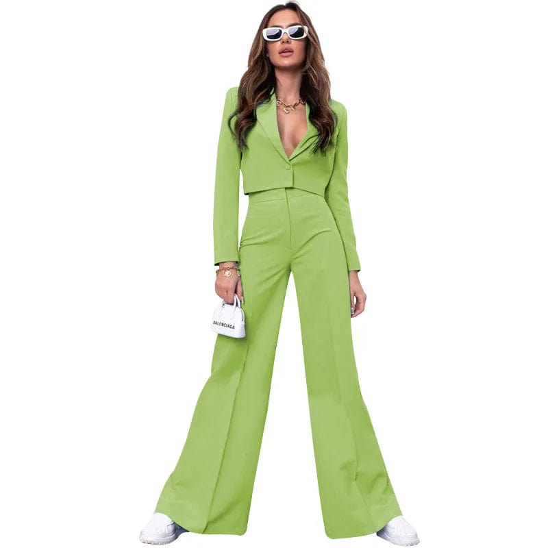 PDEP 2023 autumn  new  solid color short crop top and fashion high waist wide-leg pants blazer two piece  suits sets for women