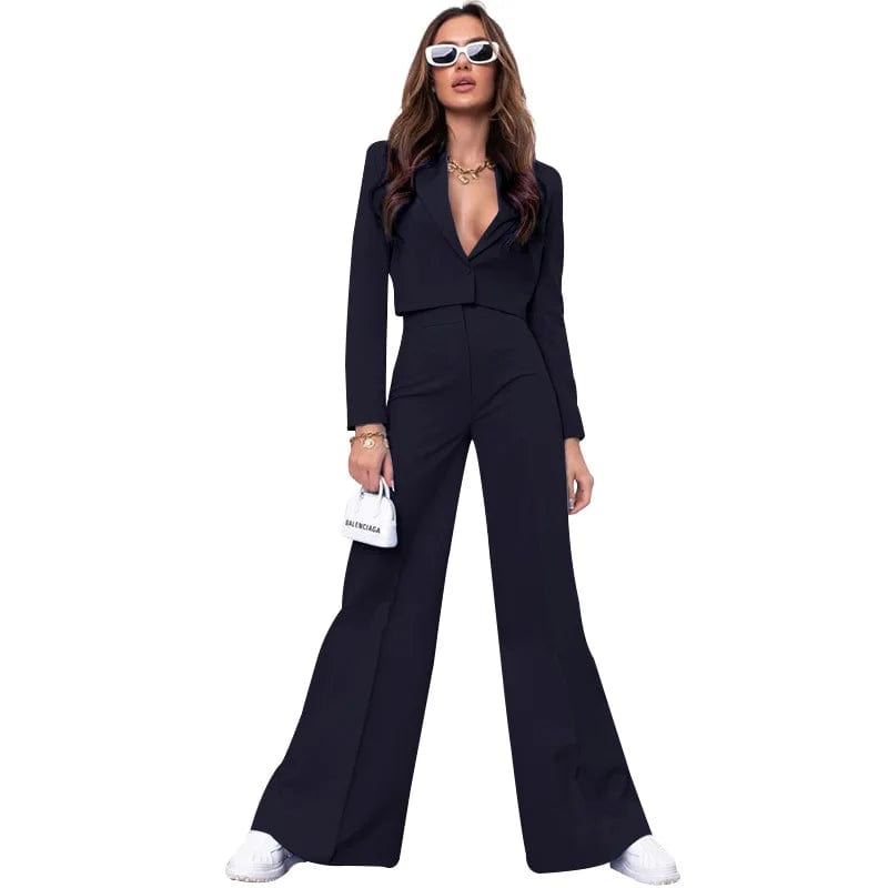 PDEP 2023 autumn  new  solid color short crop top and fashion high waist wide-leg pants blazer two piece  suits sets for women
