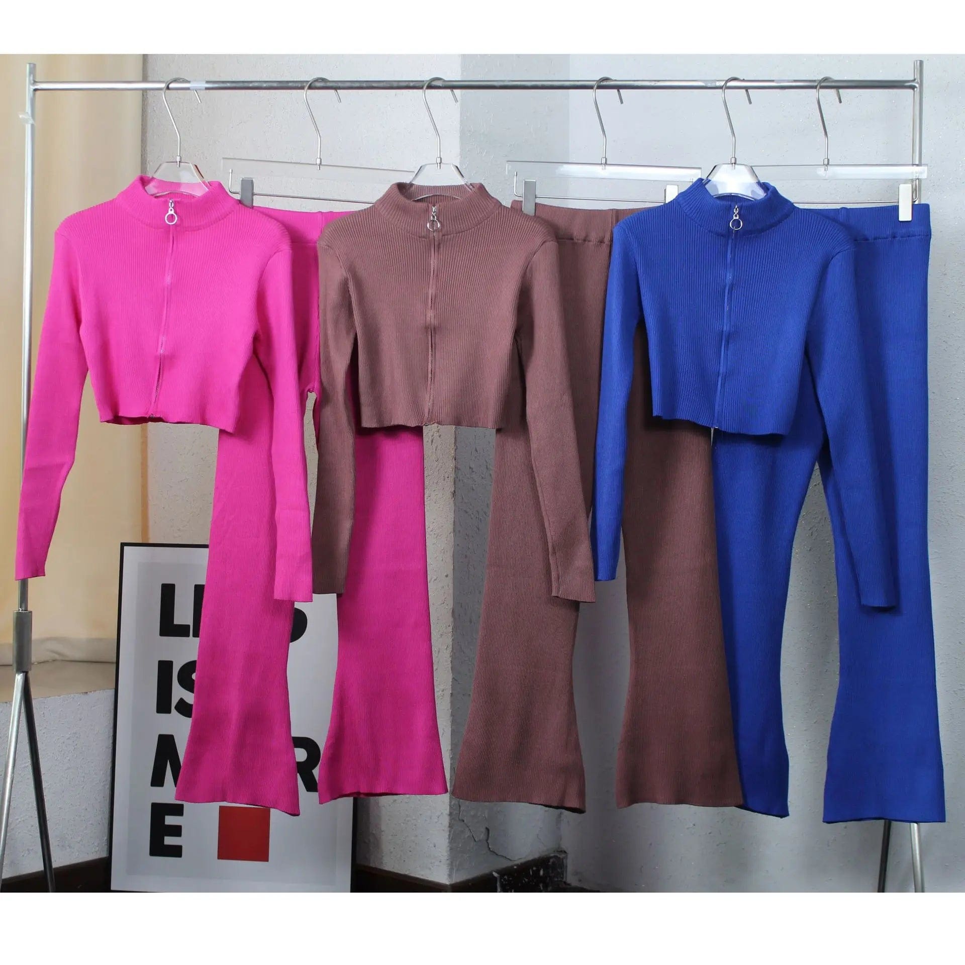 PDEP 2023 autumn short crop sweater and  top high waist wide leg pant set solid color fashion Korean casual two piece set