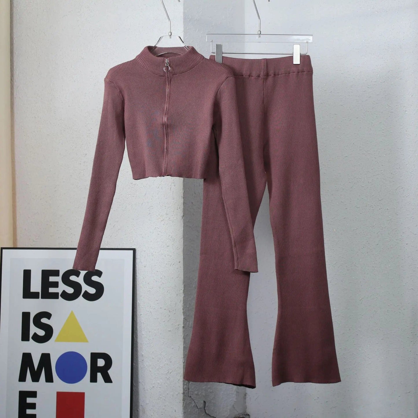 PDEP 2023 autumn short crop sweater and  top high waist wide leg pant set solid color fashion Korean casual two piece set