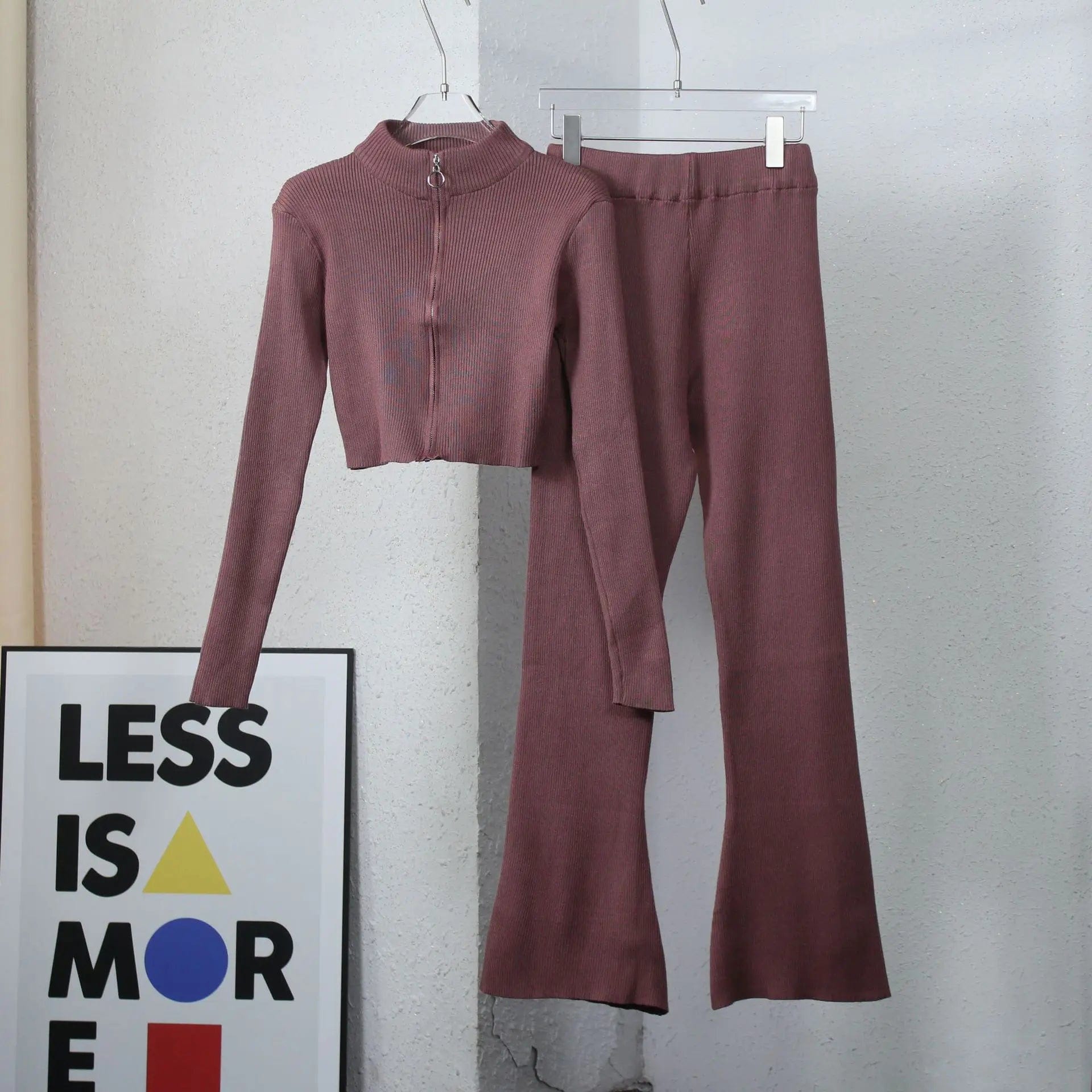 PDEP 2023 autumn short crop sweater and  top high waist wide leg pant set solid color fashion Korean casual two piece set