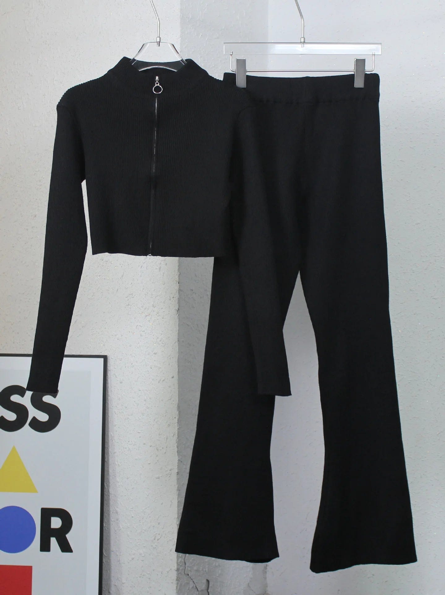 PDEP 2023 autumn short crop sweater and  top high waist wide leg pant set solid color fashion Korean casual two piece set