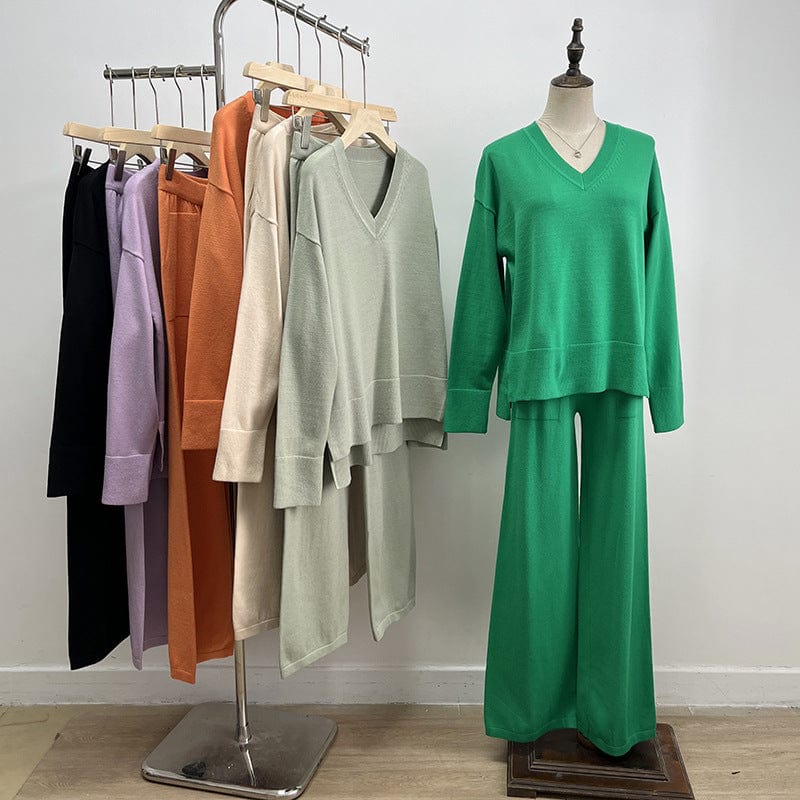PDEP 2023 fashion women autumn and winter  new V-neck loose casual pullover knitted sweater and wide leg pants two piece set