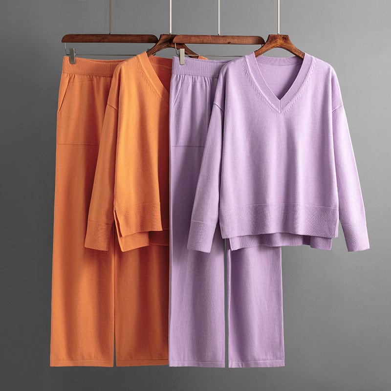PDEP 2023 fashion women autumn and winter  new V-neck loose casual pullover knitted sweater and wide leg pants two piece set