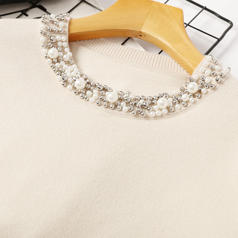 PDEP  2023 Korean version autumn studded pullover sweater for women long sleeves beading round collar  knit sweater top