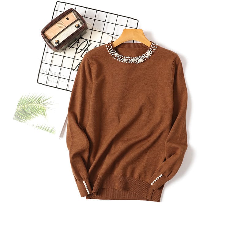 PDEP  2023 Korean version autumn studded pullover sweater for women long sleeves beading round collar  knit sweater top