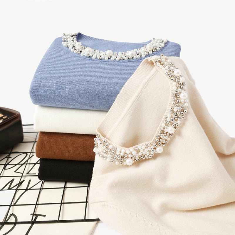 PDEP  2023 Korean version autumn studded pullover sweater for women long sleeves beading round collar  knit sweater top