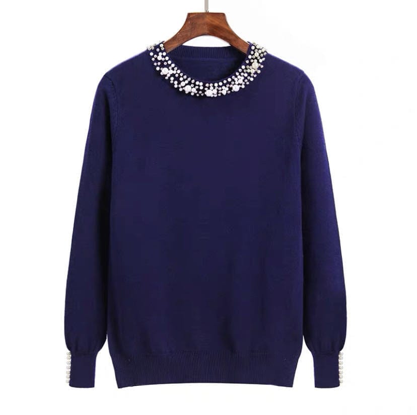 PDEP  2023 Korean version autumn studded pullover sweater for women long sleeves beading round collar  knit sweater top