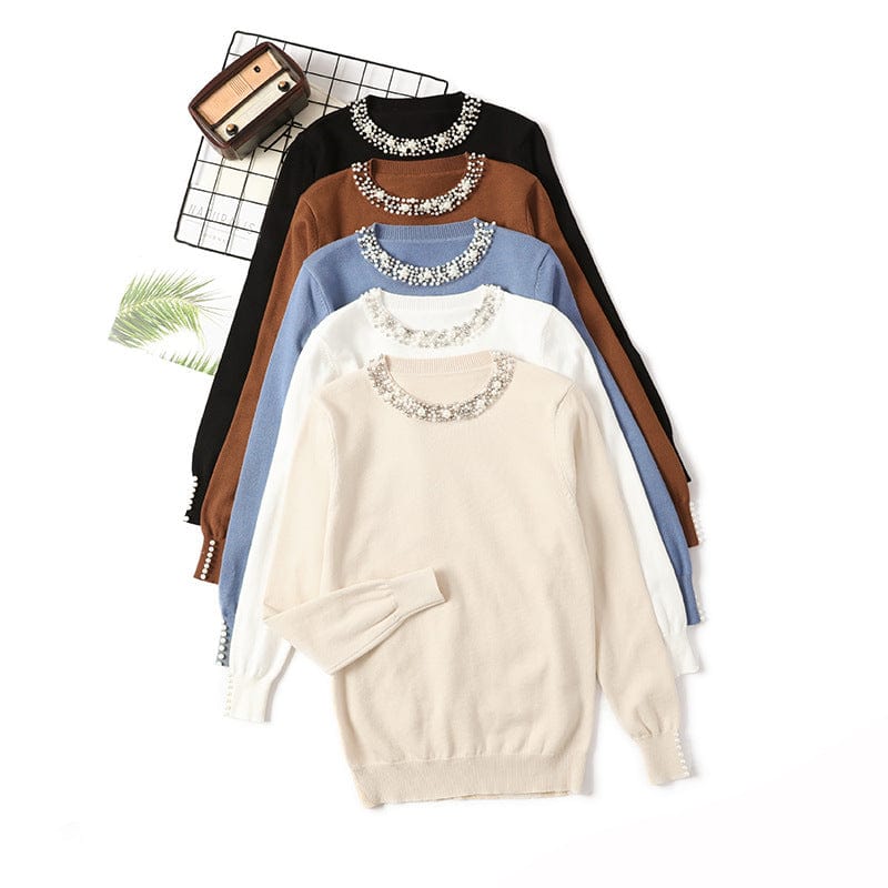 PDEP  2023 Korean version autumn studded pullover sweater for women long sleeves beading round collar  knit sweater top