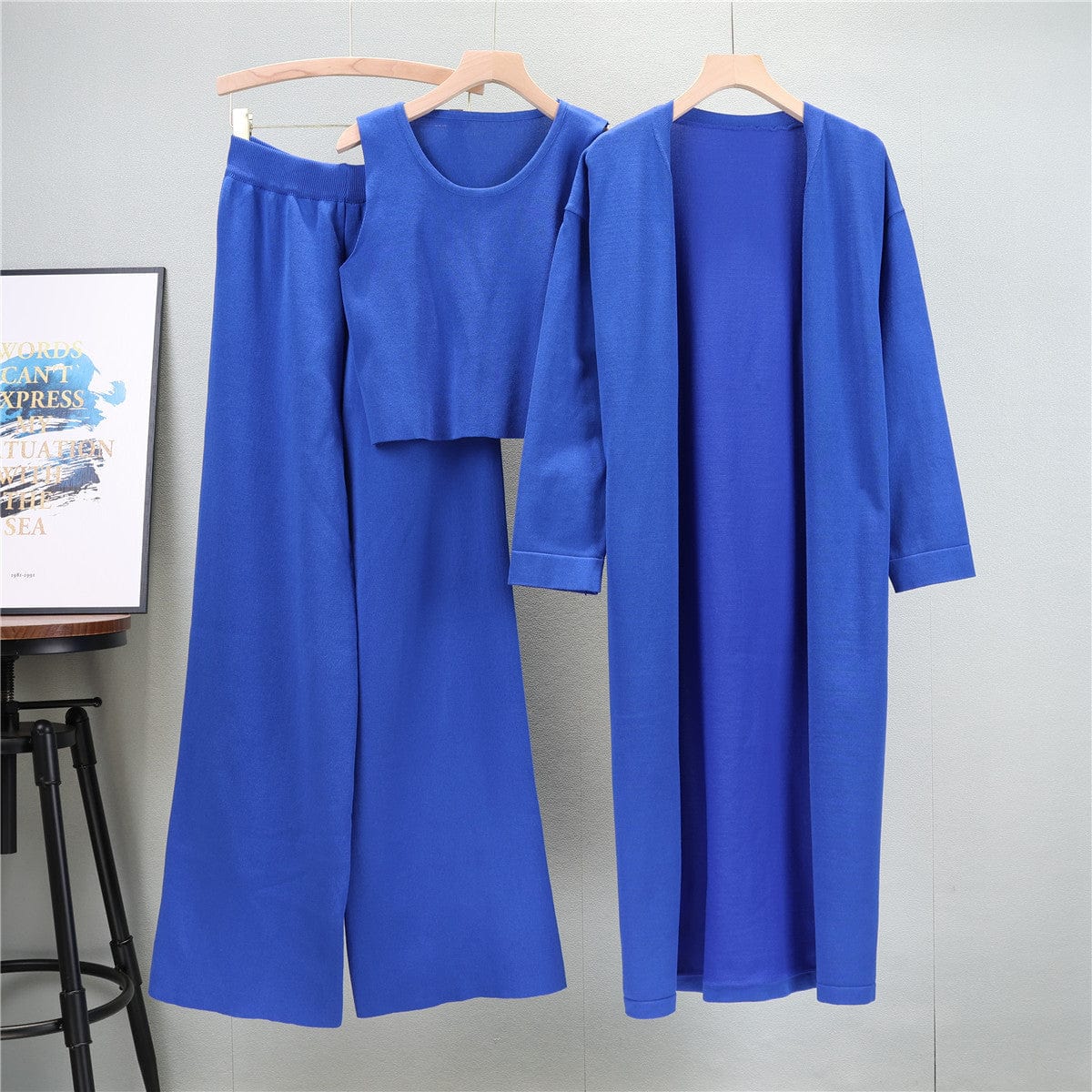 PDEP 2023 new loungewear knitting suit women's autumn long shawl cardigan sweater vest and wide-leg pants s piece sweater set wo