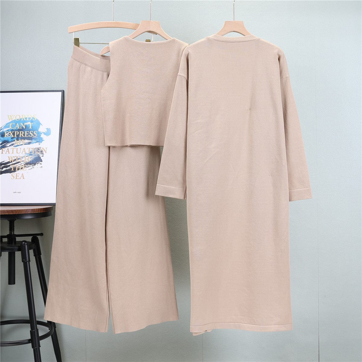 PDEP 2023 new loungewear knitting suit women's autumn long shawl cardigan sweater vest and wide-leg pants s piece sweater set wo