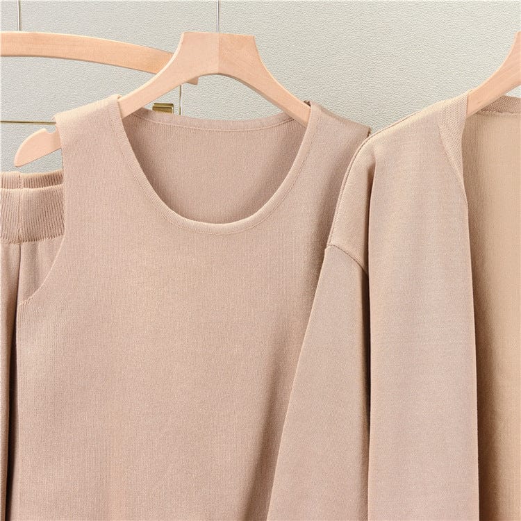 PDEP 2023 new loungewear knitting suit women's autumn long shawl cardigan sweater vest and wide-leg pants s piece sweater set wo