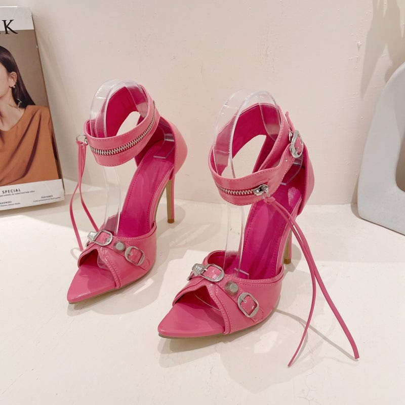 PDEP 2023  Rivet Slim stiletto Heeled sandals Point toe ladies High Heels Large Size ankle strap  lace up Women high heel shoes