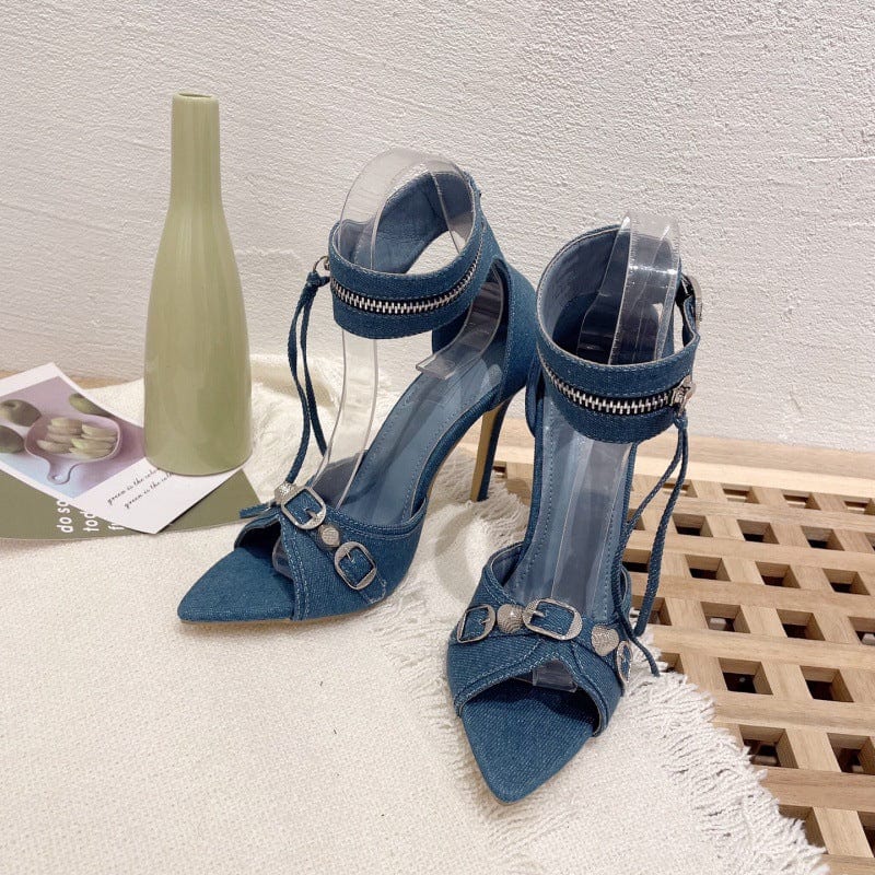 PDEP 2023  Rivet Slim stiletto Heeled sandals Point toe ladies High Heels Large Size ankle strap  lace up Women high heel shoes