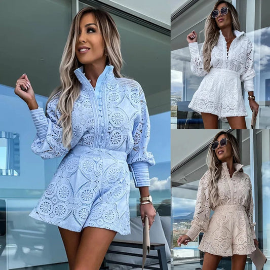 PDEP  2023 summer solid color single-breasted stand up collar long sleeve lace women lounge wear  2 piece short set