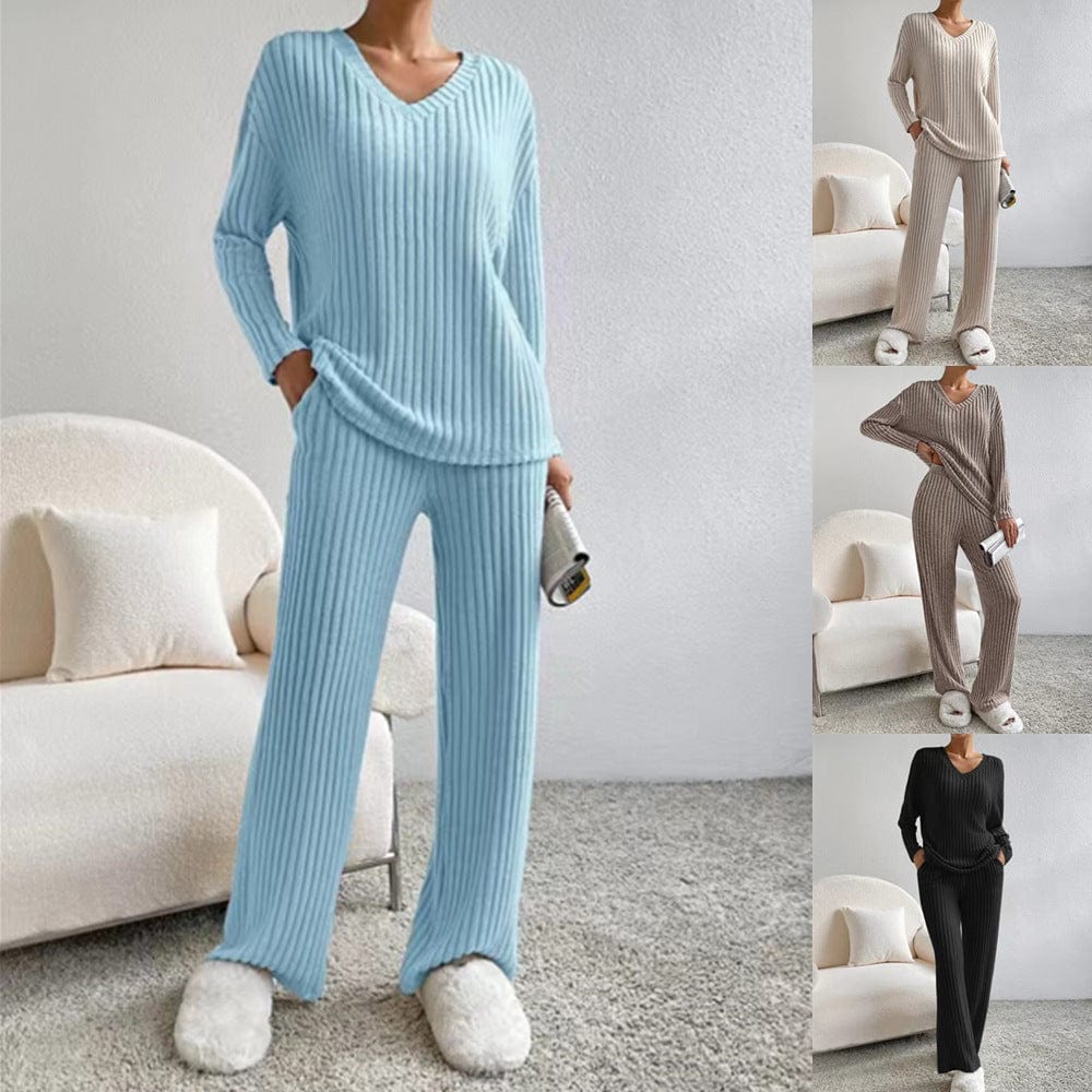 PDEP autumn and winter new two piece set casual straight wide leg pant and long sleeve top lounge wear pajamas sets for women