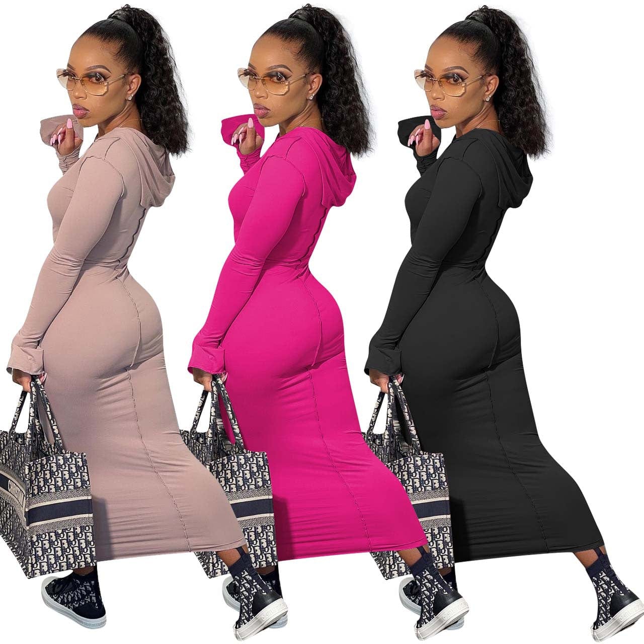 PDEP most popular fall long sleeve hoodies casual dress for women plus size cotton tight soild color sexy long dress for ladies