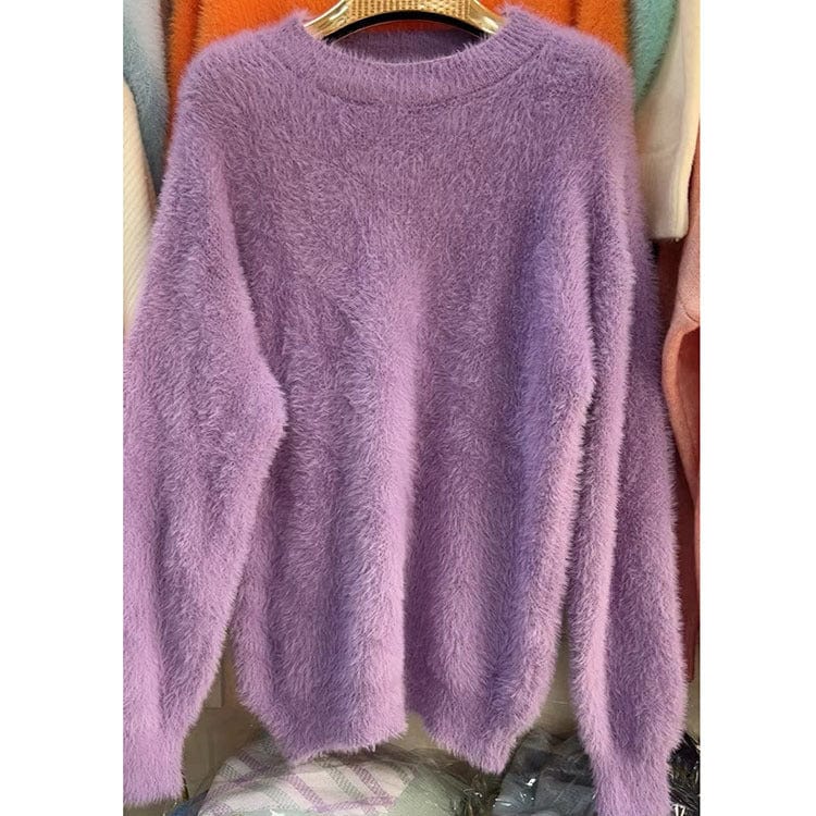 PDEP round neck pullover with imitation mink fur sweater women's loose Korean lazy mohair  knitted sweater women