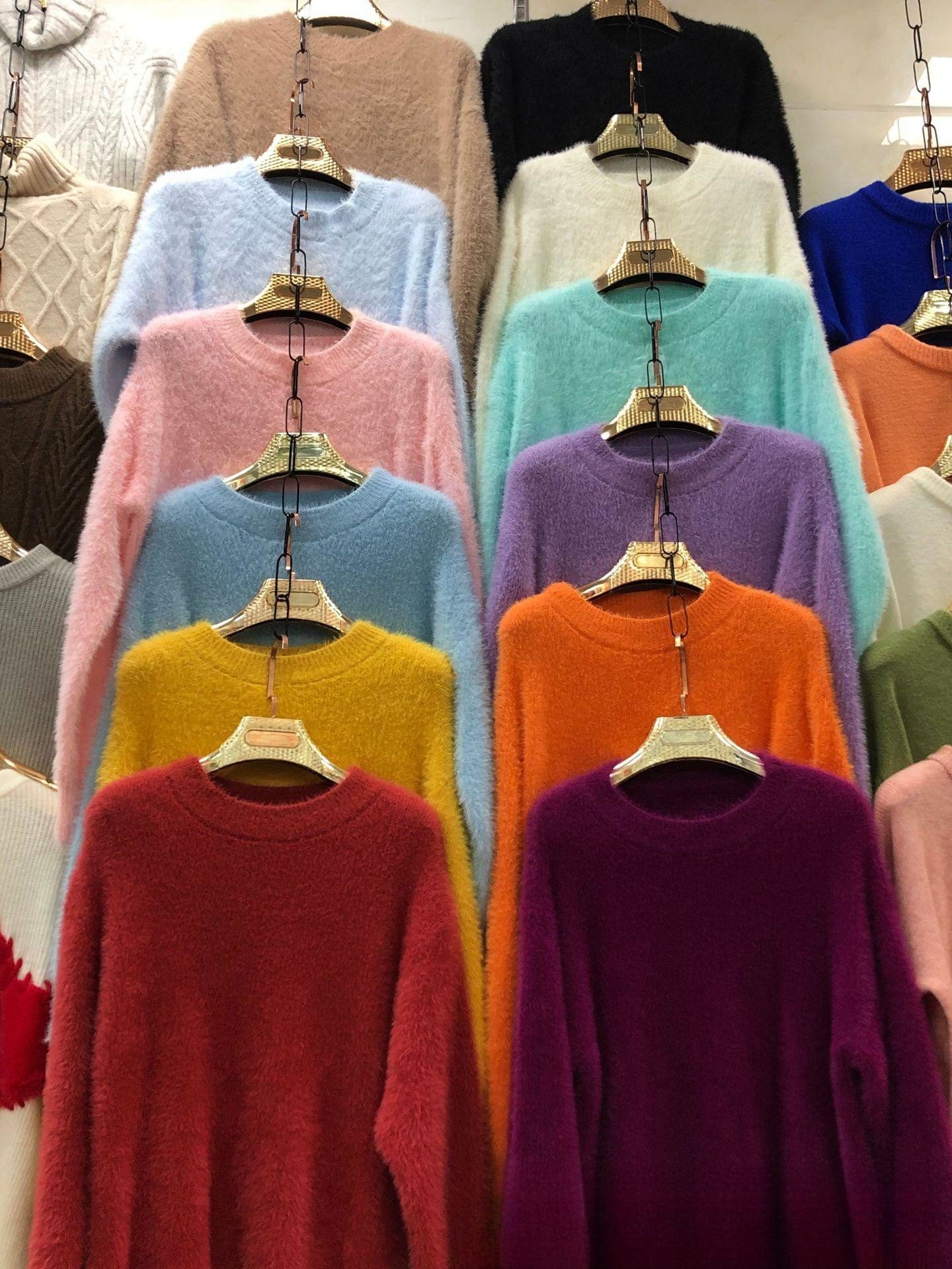 PDEP round neck pullover with imitation mink fur sweater women's loose Korean lazy mohair  knitted sweater women