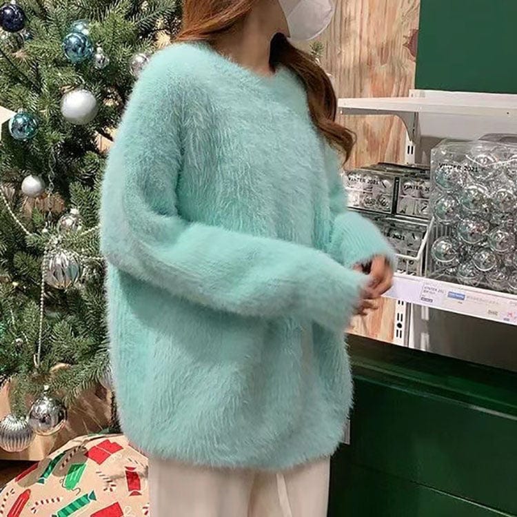 PDEP round neck pullover with imitation mink fur sweater women's loose Korean lazy mohair  knitted sweater women
