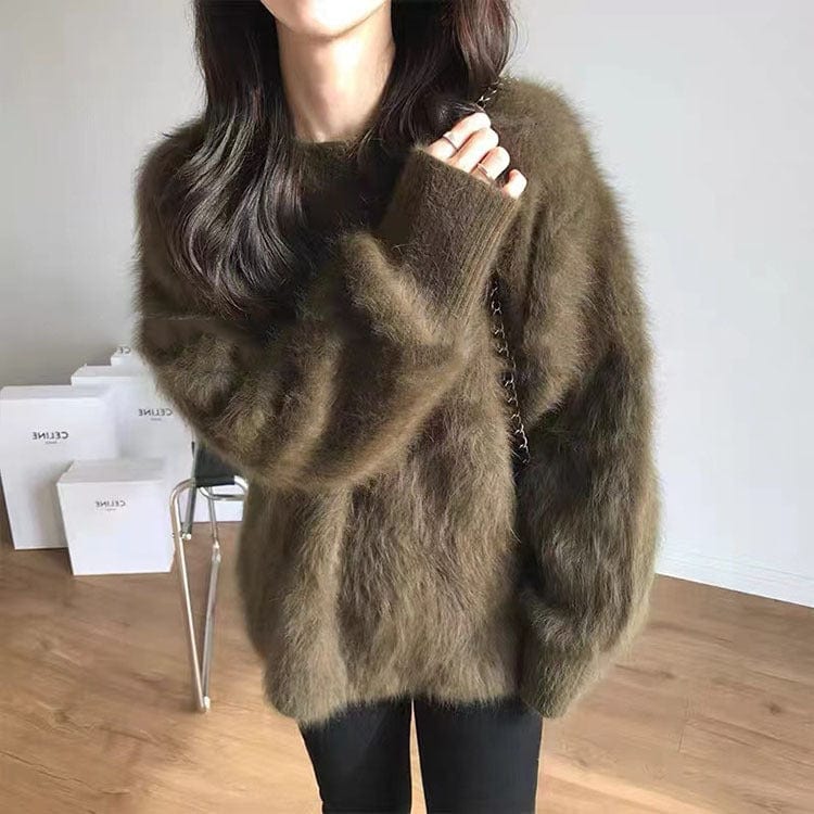 PDEP round neck pullover with imitation mink fur sweater women's loose Korean lazy mohair  knitted sweater women