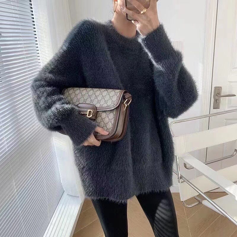 PDEP round neck pullover with imitation mink fur sweater women's loose Korean lazy mohair  knitted sweater women