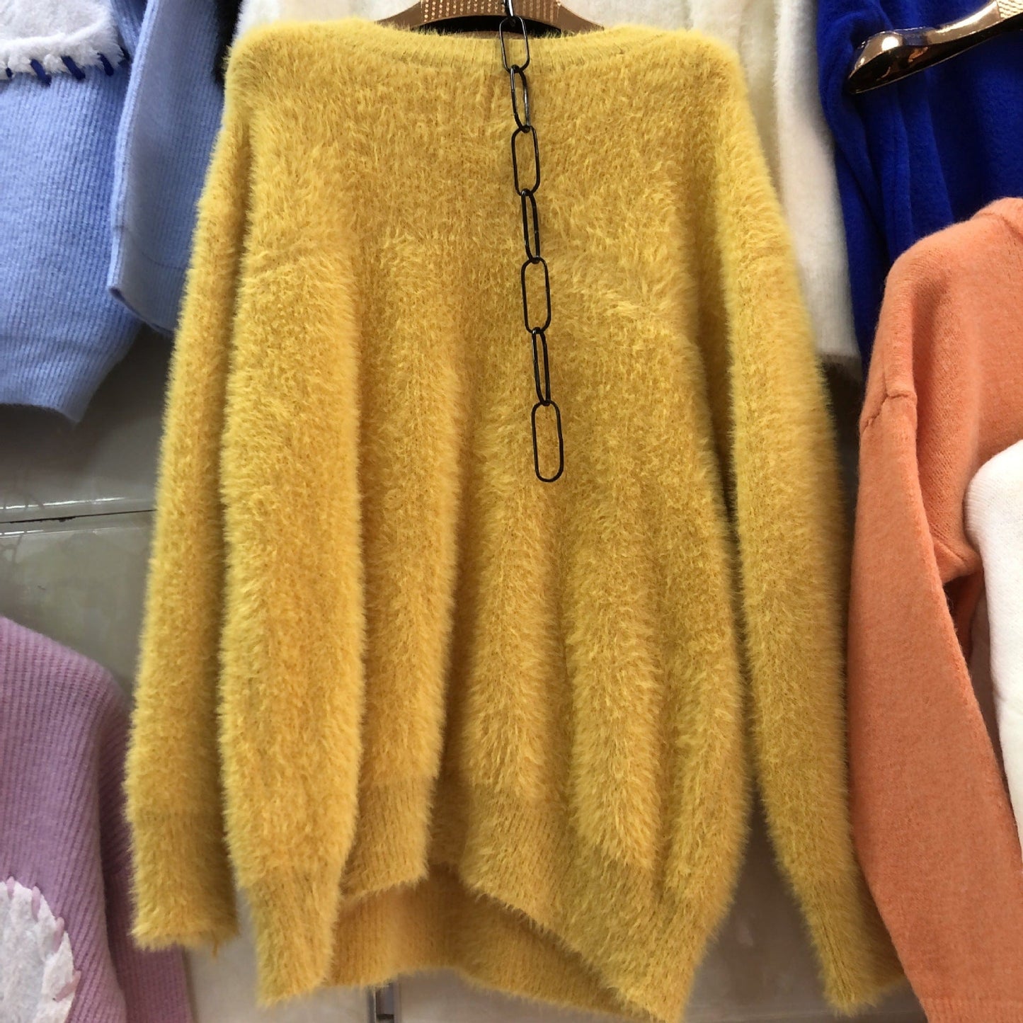 PDEP round neck pullover with imitation mink fur sweater women's loose Korean lazy mohair  knitted sweater women