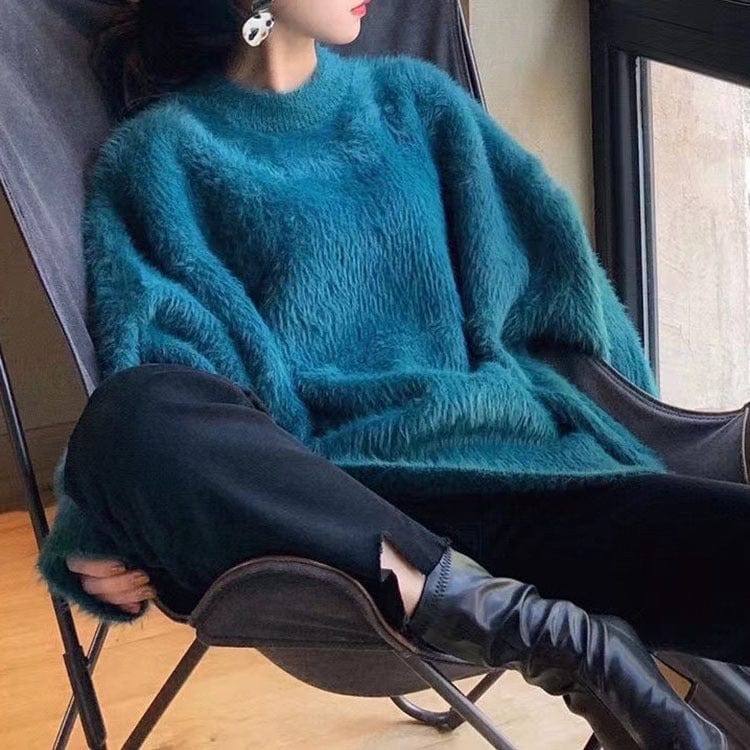 PDEP round neck pullover with imitation mink fur sweater women's loose Korean lazy mohair  knitted sweater women