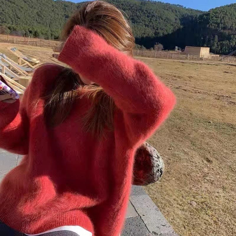 PDEP round neck pullover with imitation mink fur sweater women's loose Korean lazy mohair  knitted sweater women