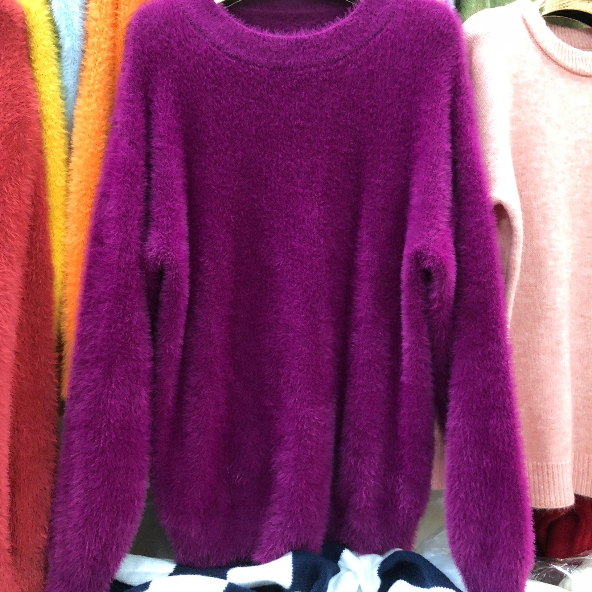 PDEP round neck pullover with imitation mink fur sweater women's loose Korean lazy mohair  knitted sweater women