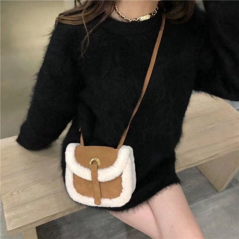 PDEP round neck pullover with imitation mink fur sweater women's loose Korean lazy mohair  knitted sweater women