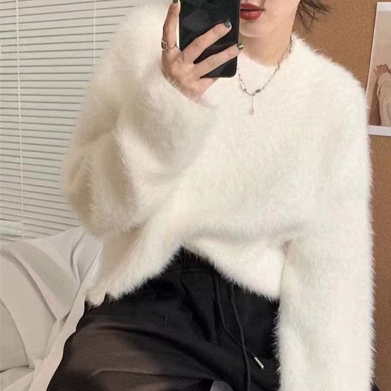 PDEP round neck pullover with imitation mink fur sweater women's loose Korean lazy mohair  knitted sweater women