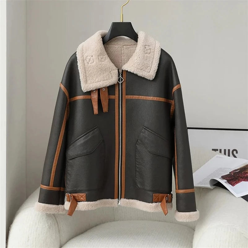 PDUI Women PU Leather Wool Fur Coat Winter Warm Female Girl Sheep Shearing Jacket Parka CT150