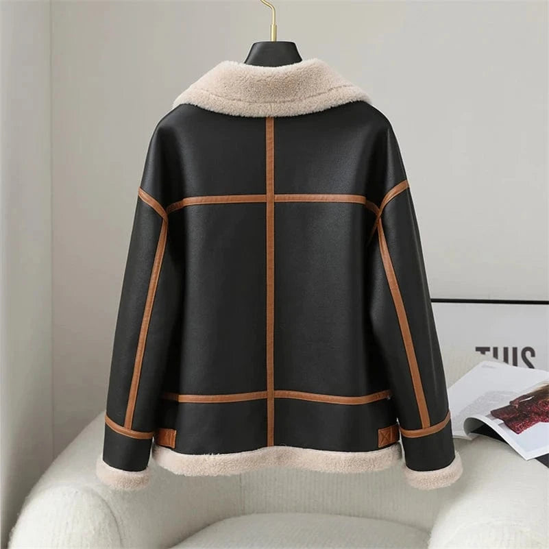 PDUI Women PU Leather Wool Fur Coat Winter Warm Female Girl Sheep Shearing Jacket Parka CT150