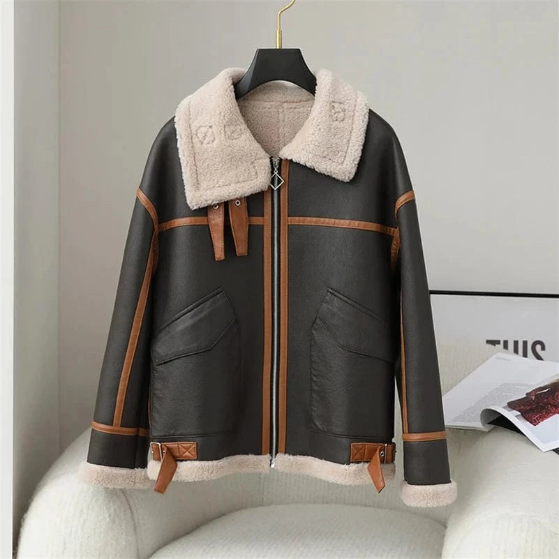 PDUI Women PU Leather Wool Fur Coat Winter Warm Female Girl Sheep Shearing Jacket Parka CT150