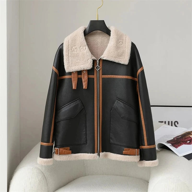PDUI Women PU Leather Wool Fur Coat Winter Warm Female Girl Sheep Shearing Jacket Parka CT150