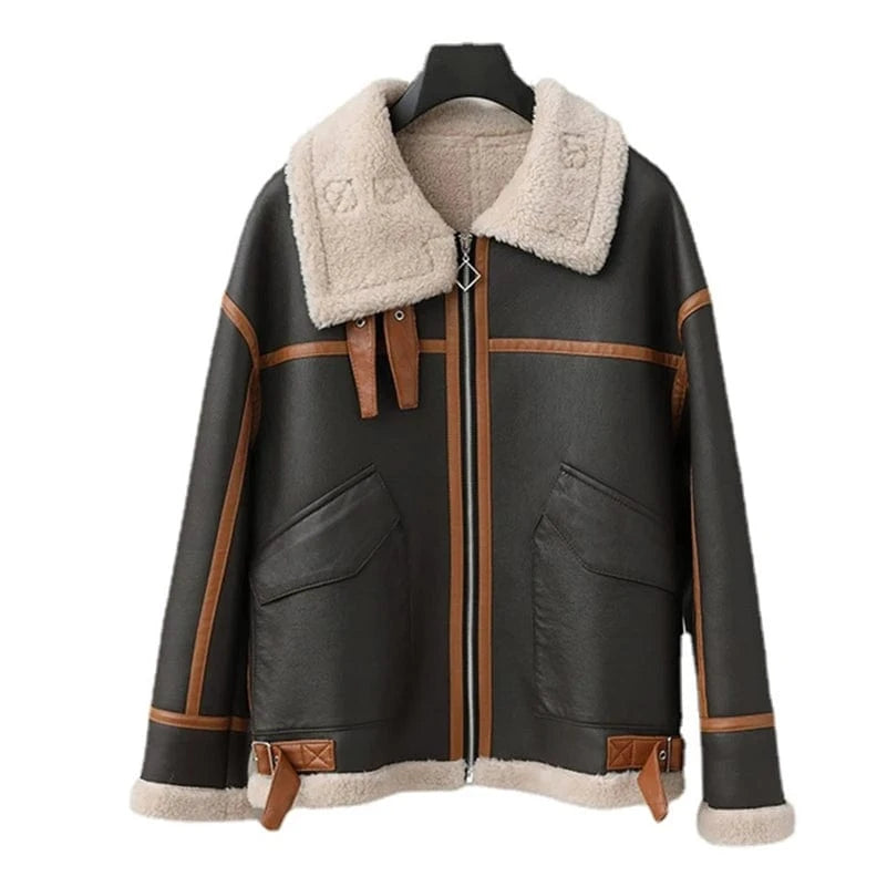 PDUI Women PU Leather Wool Fur Coat Winter Warm Female Girl Sheep Shearing Jacket Parka CT150