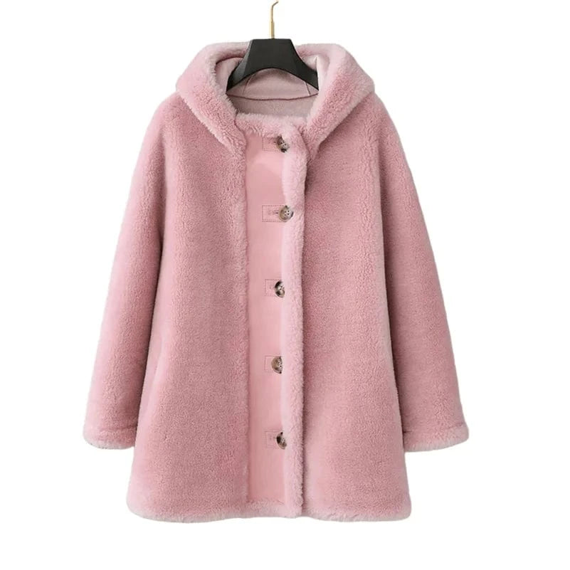 PDUI Women Real Wool Fur Coat Winter Warm Female Girl Sheep Shearing Hood Jacket Parka OverCoat CT147