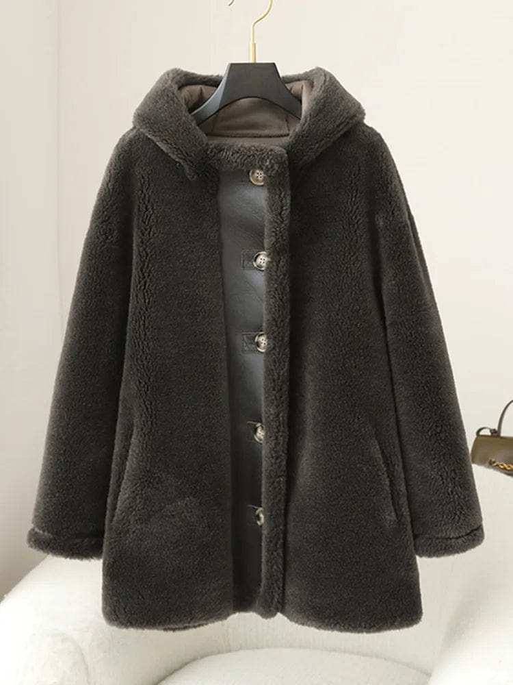 PDUI Women Real Wool Fur Coat Winter Warm Female Girl Sheep Shearing Hood Jacket Parka OverCoat CT147