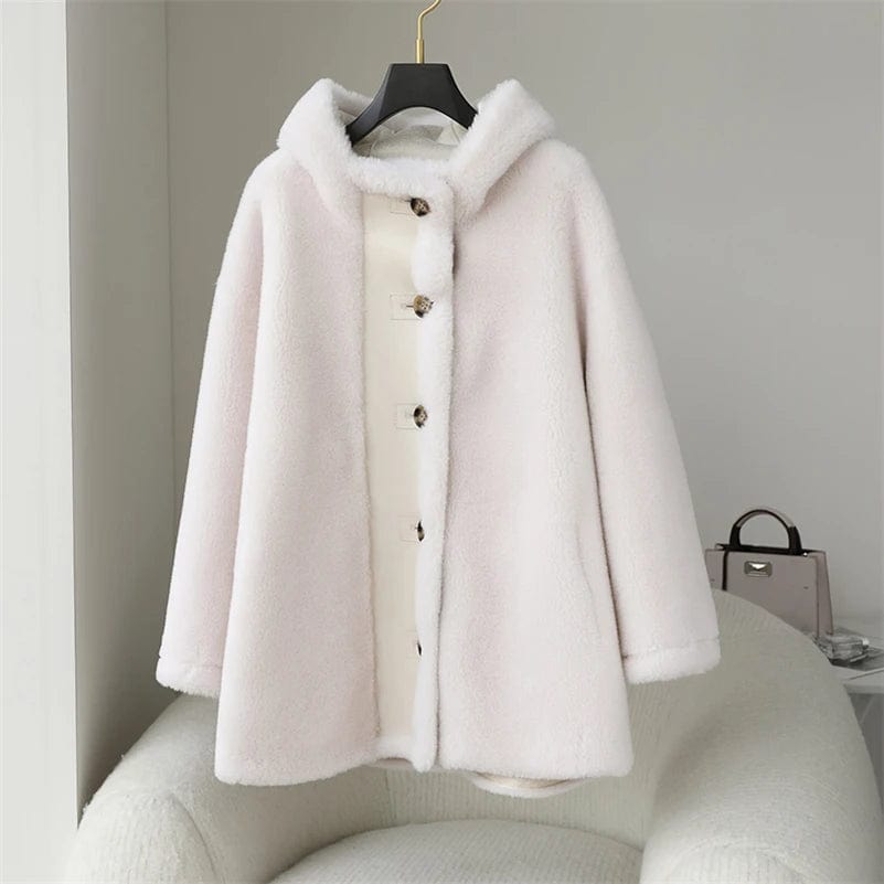 PDUI Women Real Wool Fur Coat Winter Warm Female Girl Sheep Shearing Hood Jacket Parka OverCoat CT147