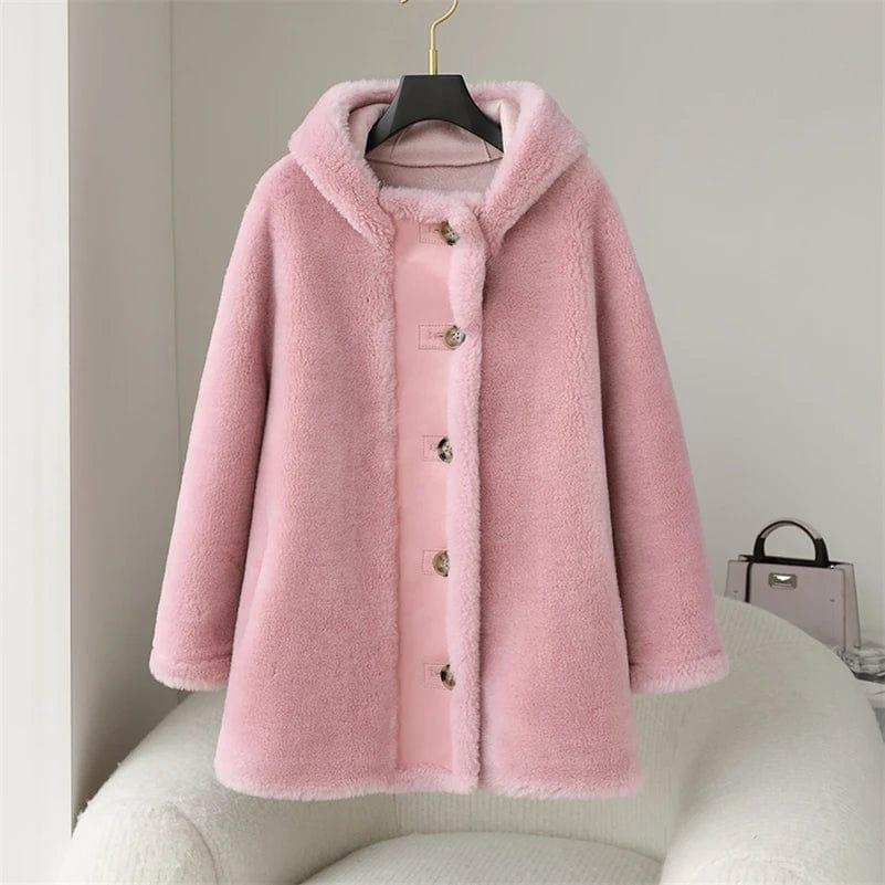 PDUI Women Real Wool Fur Coat Winter Warm Female Girl Sheep Shearing Hood Jacket Parka OverCoat CT147